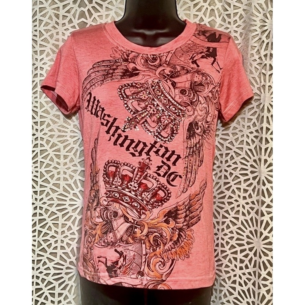 Pink Crown Wings Graphic T Shirt Tattoo Y2K Style Womens Large Chelona